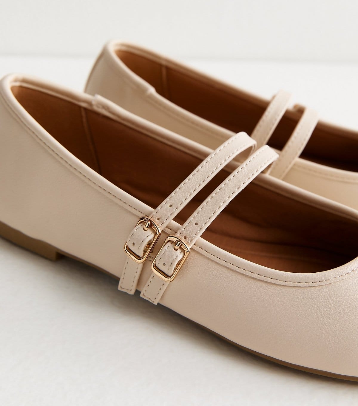 New Look Women's Off White Faux Leather Double Strap Mary Jane Ballet Flats Vegan New Look - 4
