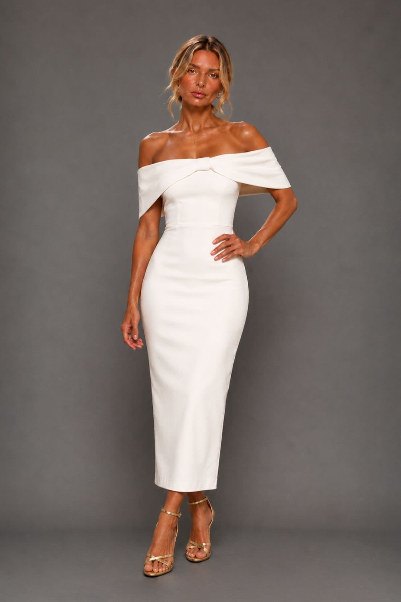 Vesper Vesper Women's Bardot Bodycon Midaxi Dress in Ivory
