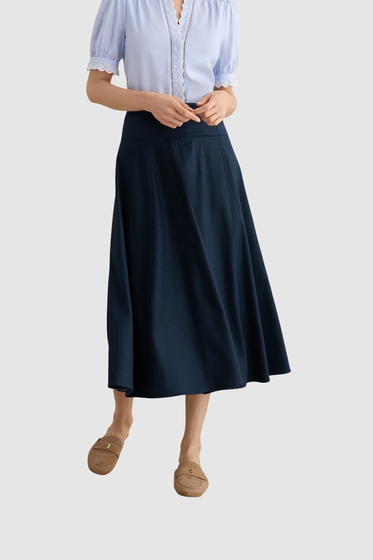 Hobbs London Dark Navy Linen Midi Skirt
