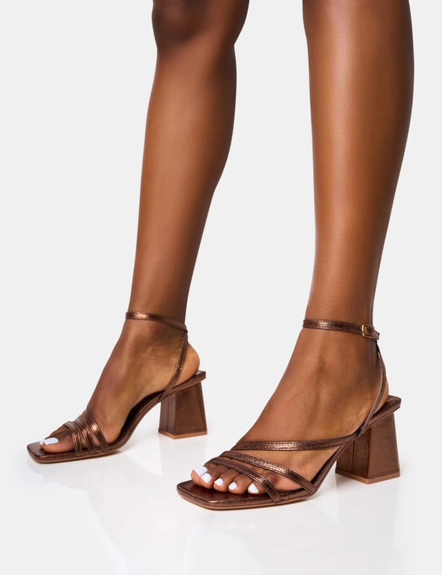 Public Desire Robin Bronze Strappy Square Toe Mid Block Heels - 3