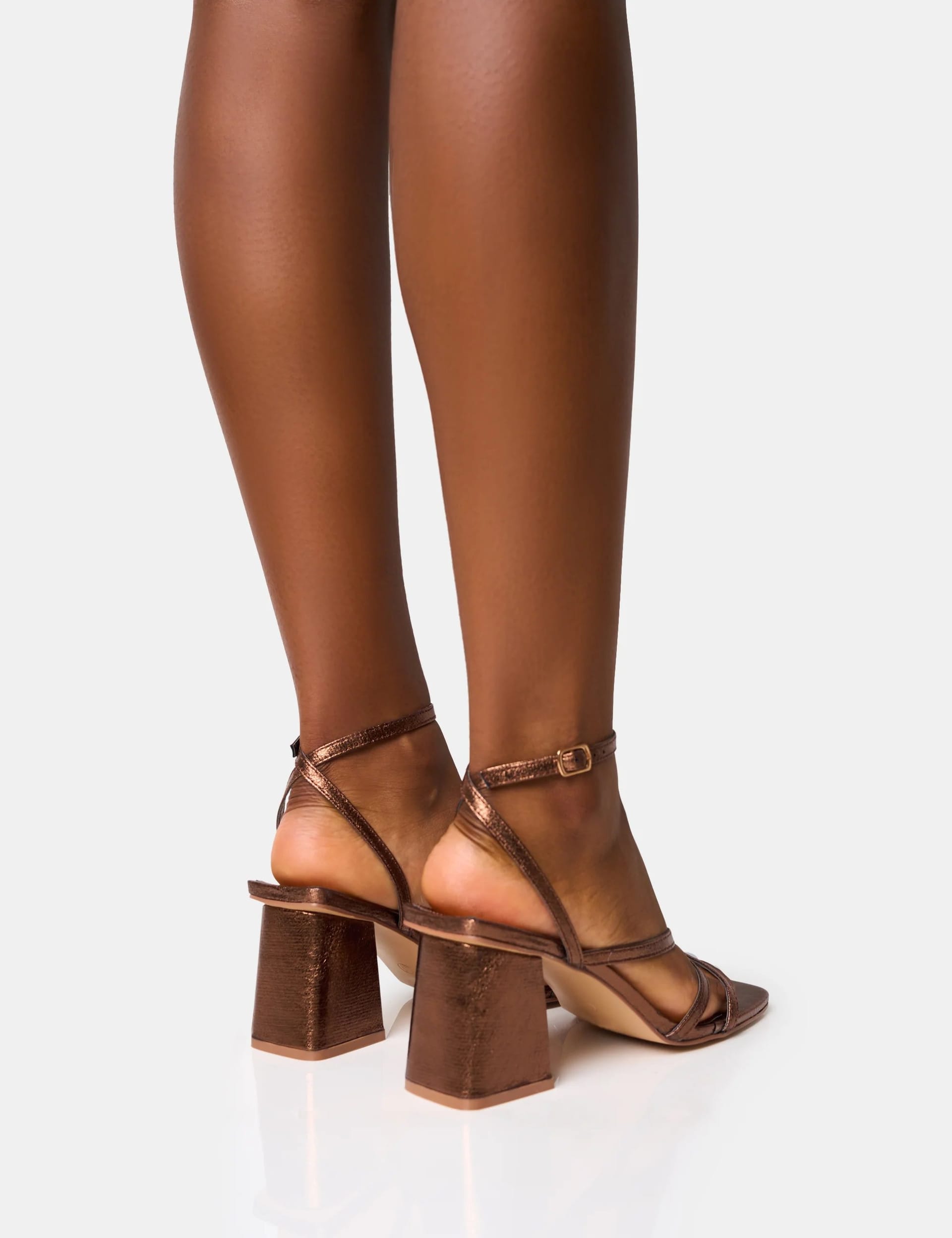 Public Desire Robin Bronze Strappy Square Toe Mid Block Heels - 4