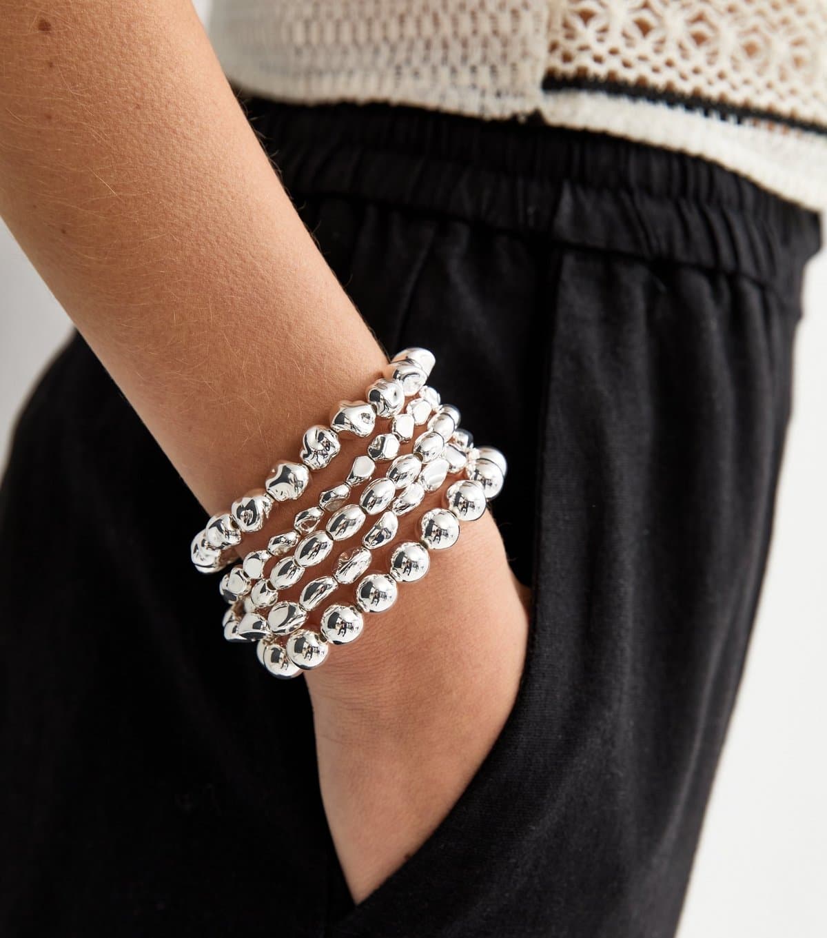 New Look Pack of 5 Silver Tone Beaded Stretch Bracelets New Look