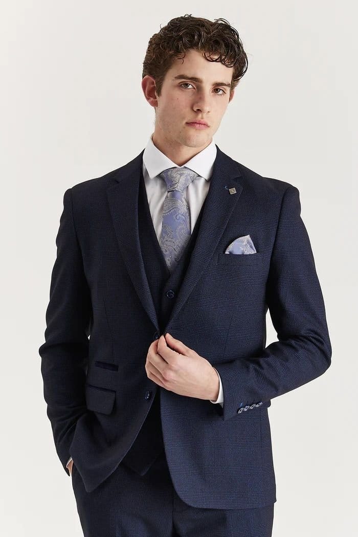 Paul Andrew Navy Prince Of Wales Check 3 Piece Suit