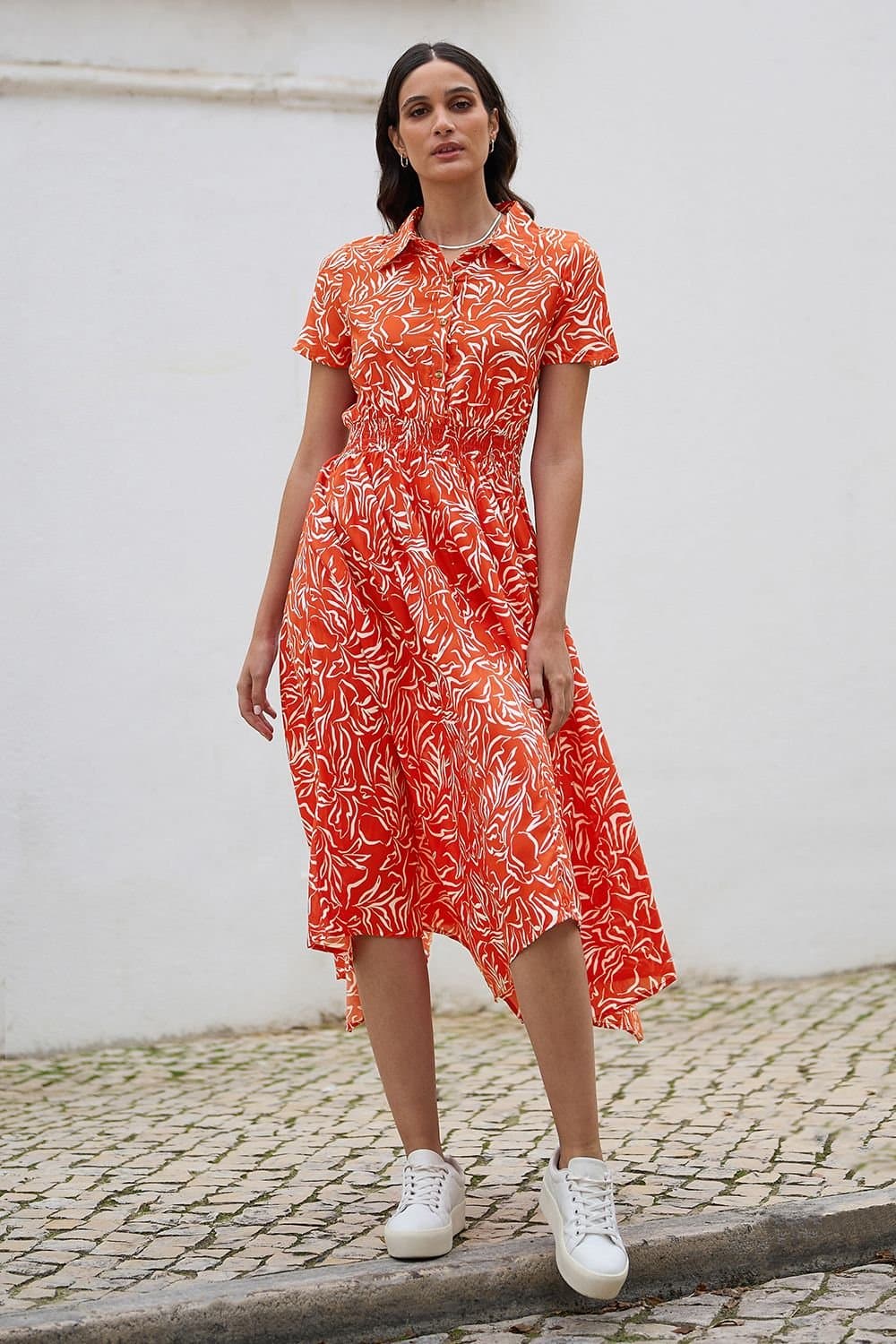Yumi Yumi Women's Coral Tropical Leaf print Midi Ruched Shirt Dress