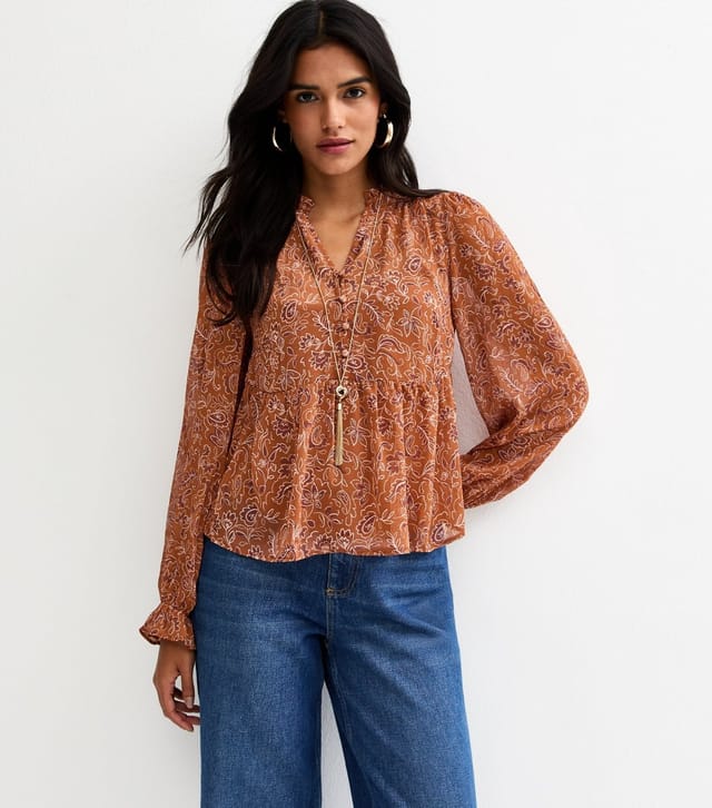 New Look Women's Brown Paisley Chiffon Buttoned Peplum Blouse New Look - 2