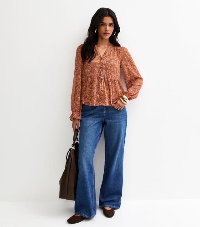 New Look Women's Brown Paisley Chiffon Buttoned Peplum Blouse New Look - 3