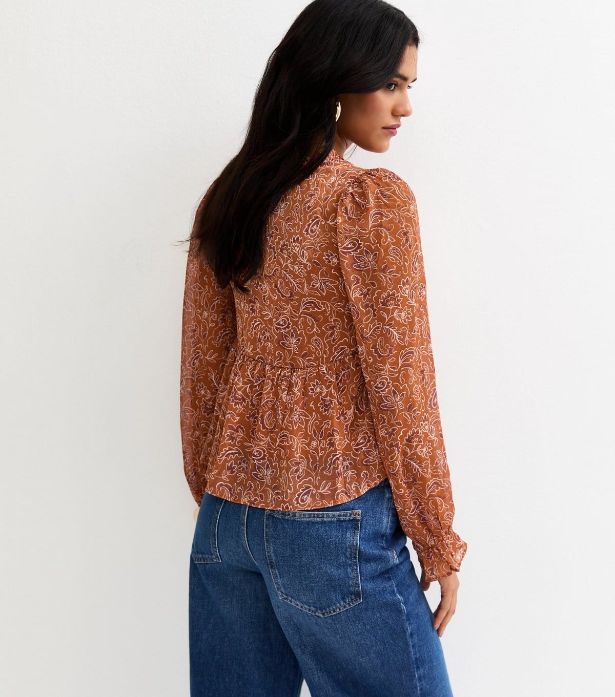 New Look Women's Brown Paisley Chiffon Buttoned Peplum Blouse New Look - 4