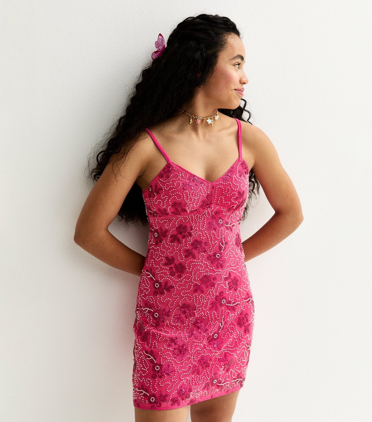 New Look Girls' Bright Pink Sequin and Bead Embellished Cami Dress New Look - 2