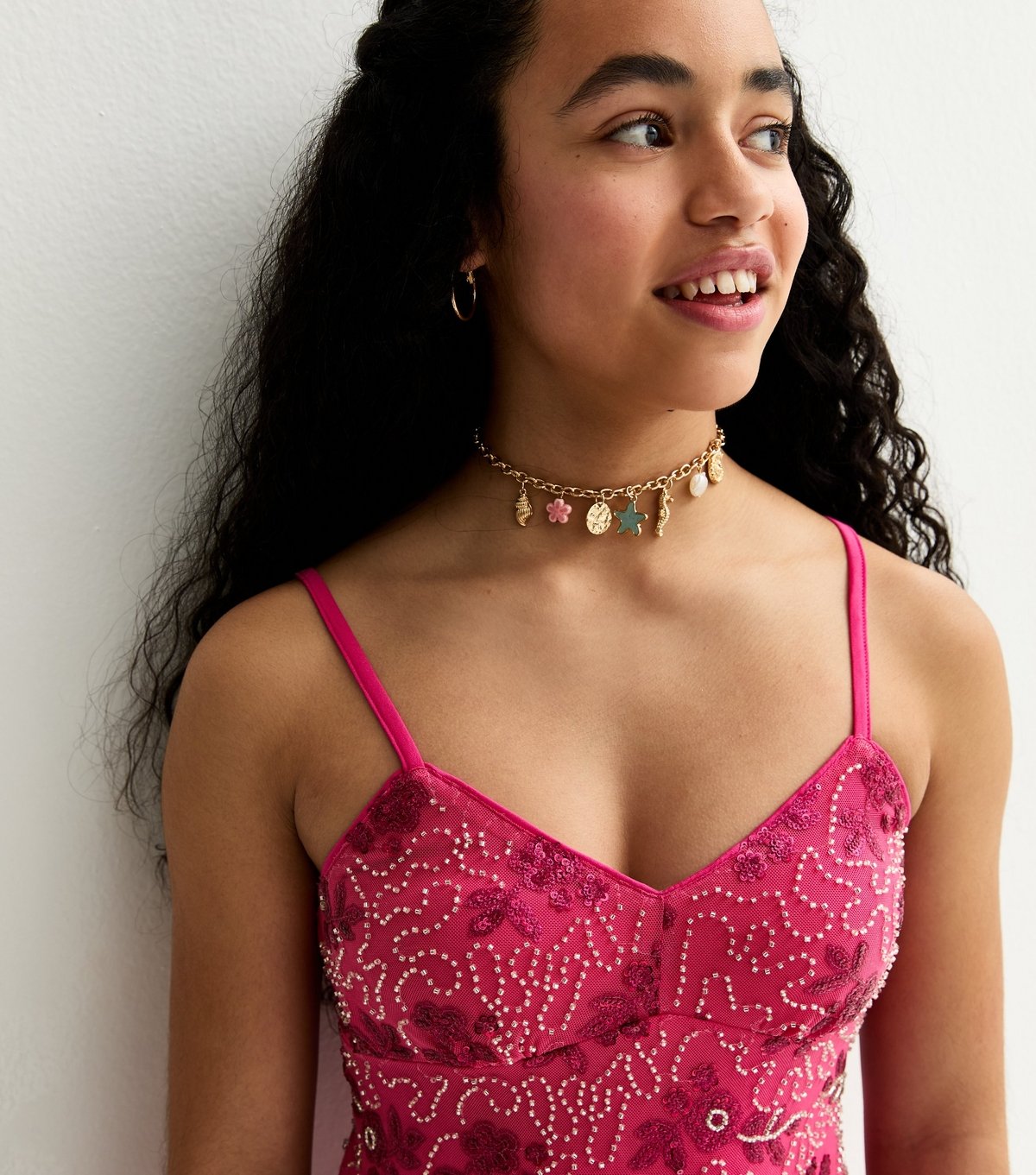 New Look Girls' Bright Pink Sequin and Bead Embellished Cami Dress New Look - 3