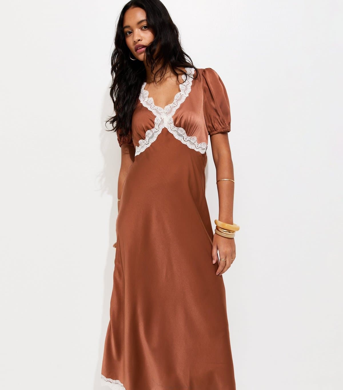 New Look Women's Brown Lace Trim Satin Tea Midi Dress New Look