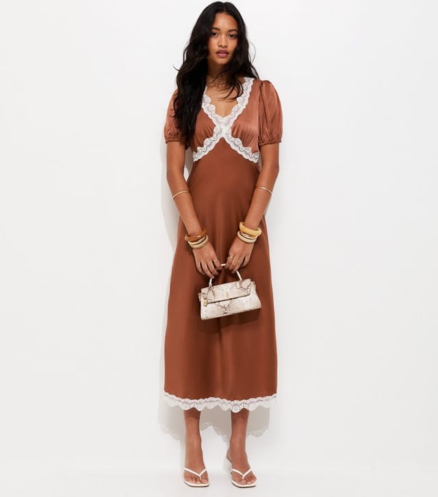 New Look Women's Brown Lace Trim Satin Tea Midi Dress New Look - 3