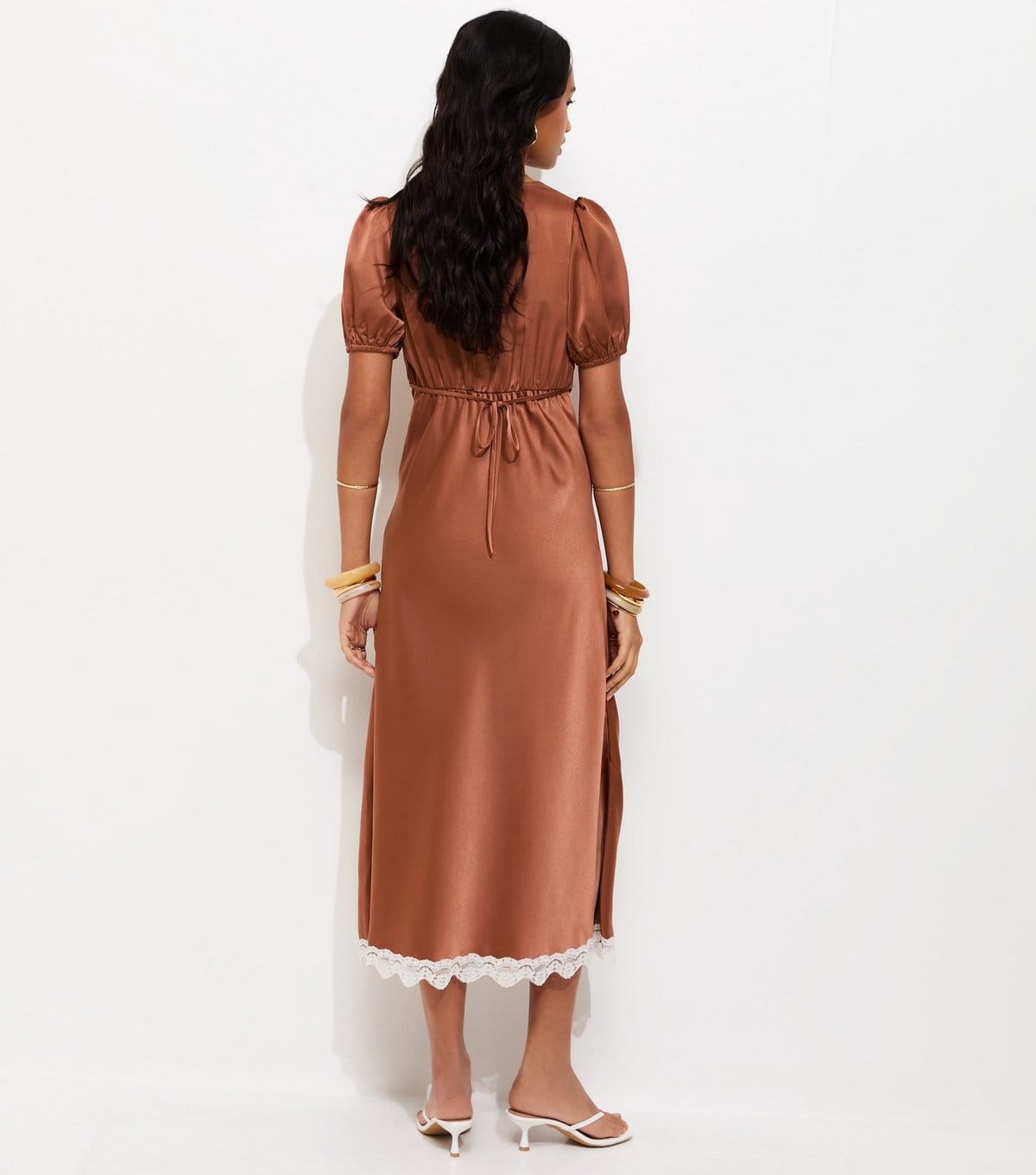 New Look Women's Brown Lace Trim Satin Tea Midi Dress New Look - 4