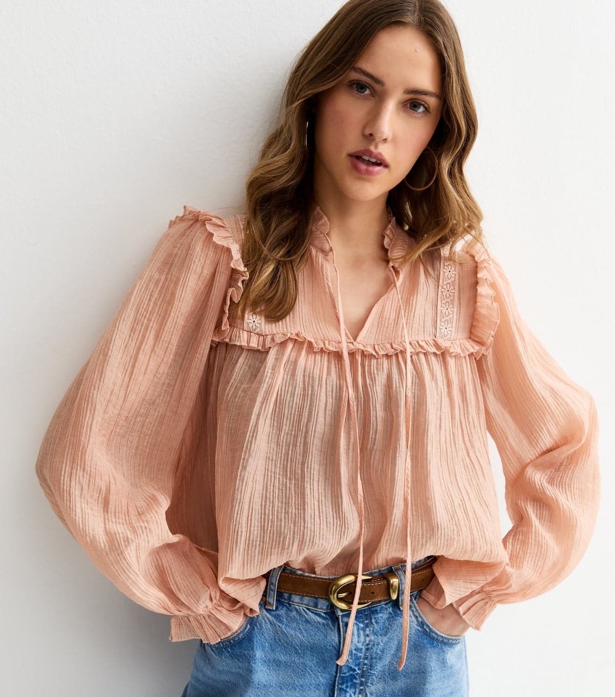 New Look Women's Pink Sheer Lace Bib Crinkle Texture Blouse New Look