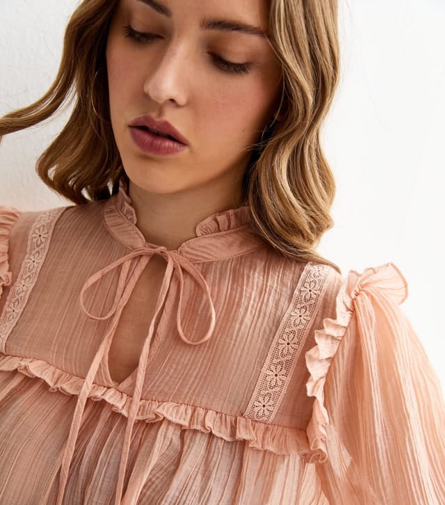 New Look Women's Pink Sheer Lace Bib Crinkle Texture Blouse New Look - 2