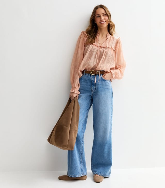 New Look Women's Pink Sheer Lace Bib Crinkle Texture Blouse New Look - 3