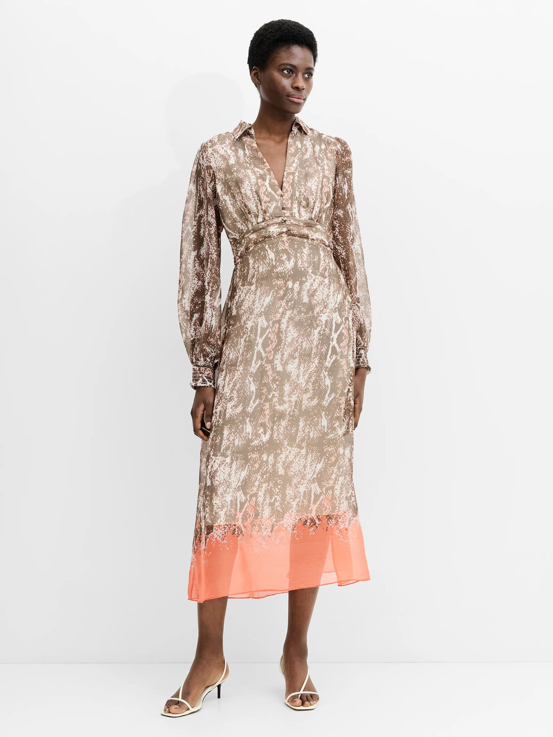 French Connection Adele Emina Chiffon Midi Dress Neutral Orange Multi