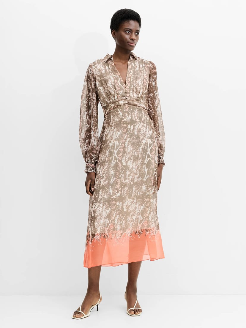 French Connection Adele Emina Chiffon Midi Dress Neutral Orange Multi - 1