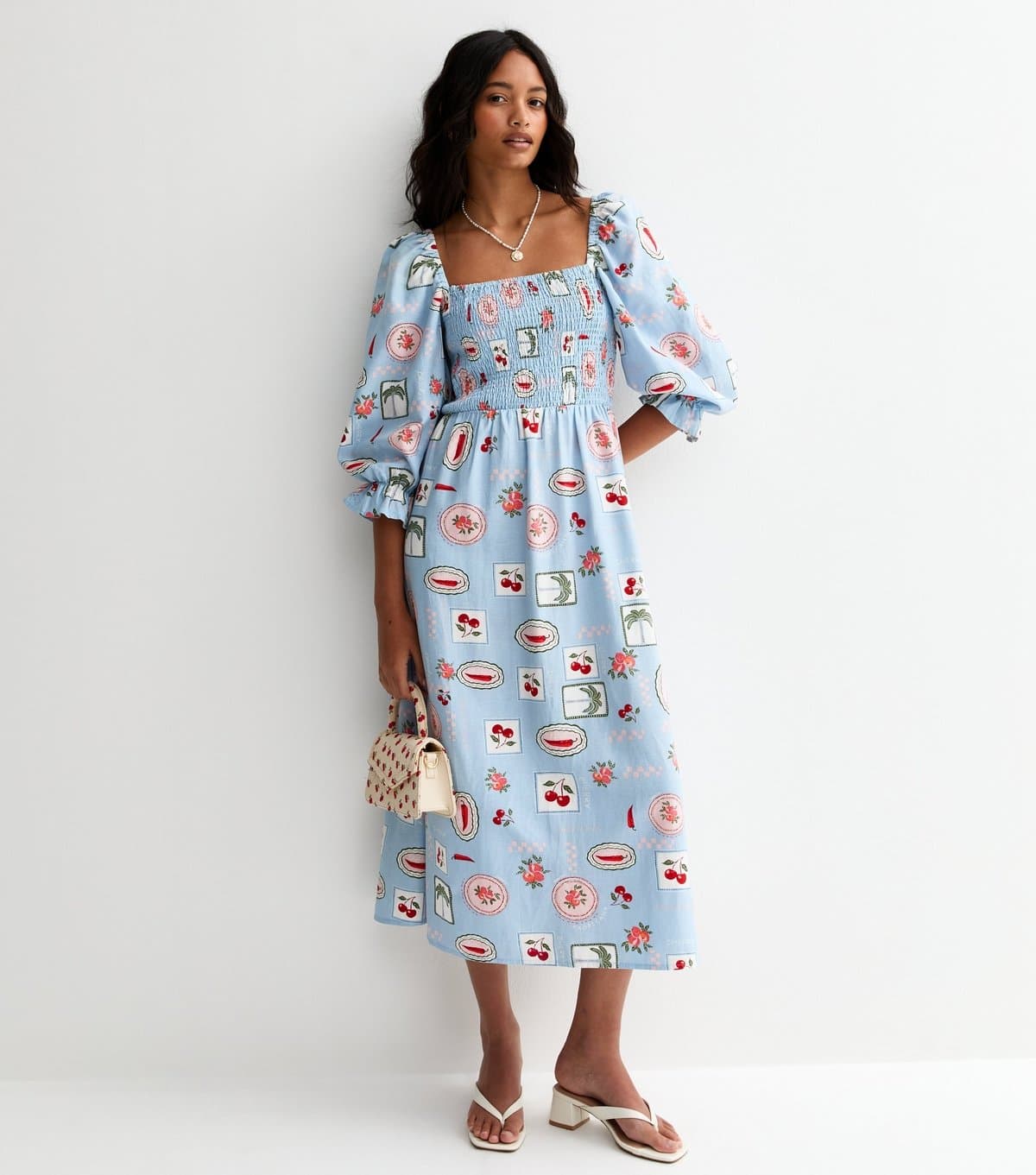 New Look Women's Blue Chilly and Cherry Print Shirred Midi Dress New Look