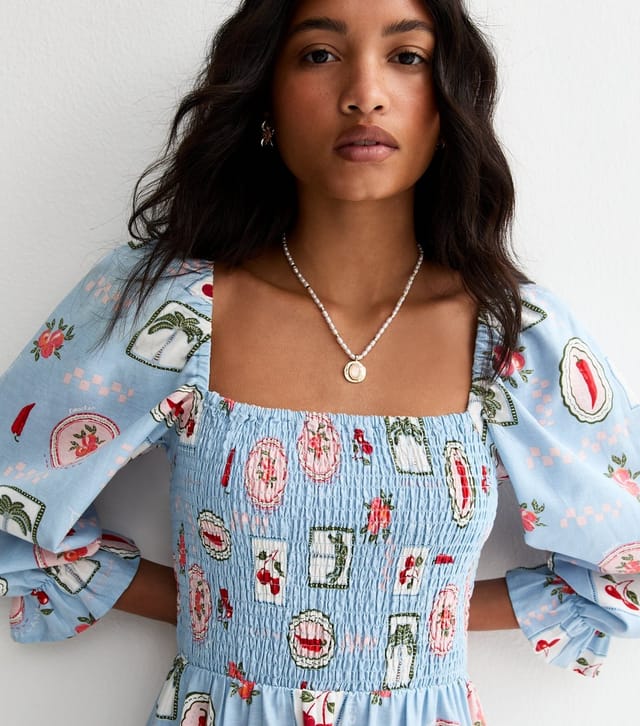 New Look Women's Blue Chilly and Cherry Print Shirred Midi Dress New Look - 2