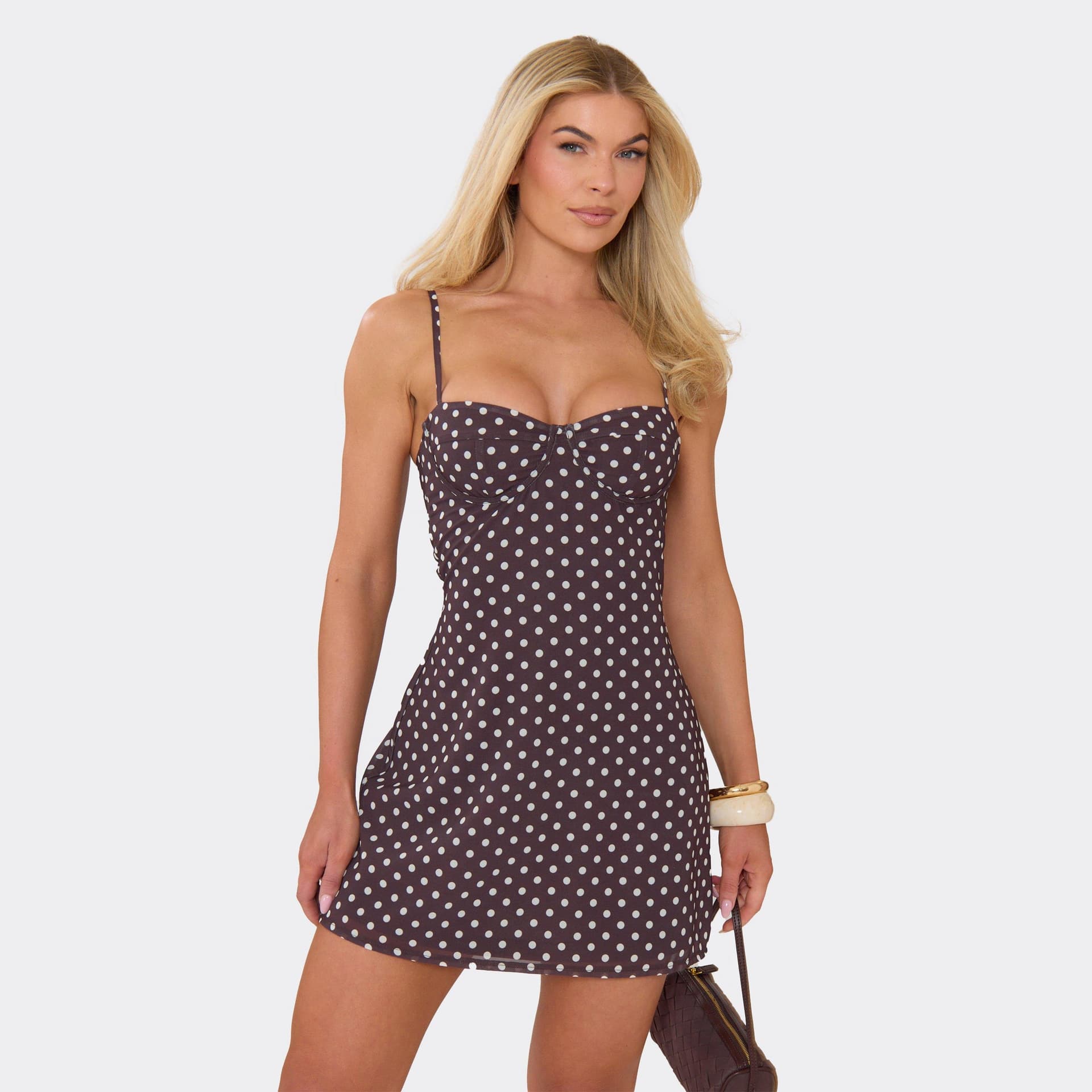 EGO Strappy Underwired Flippy Hem Mini Dress In Brown Polka Dot, Women's Size UK 4