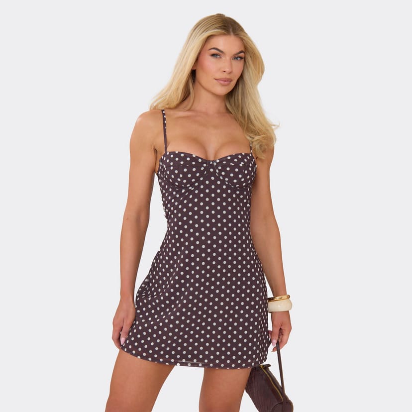 EGO Strappy Underwired Flippy Hem Mini Dress In Brown Polka Dot, Women's Size UK 4 - 1