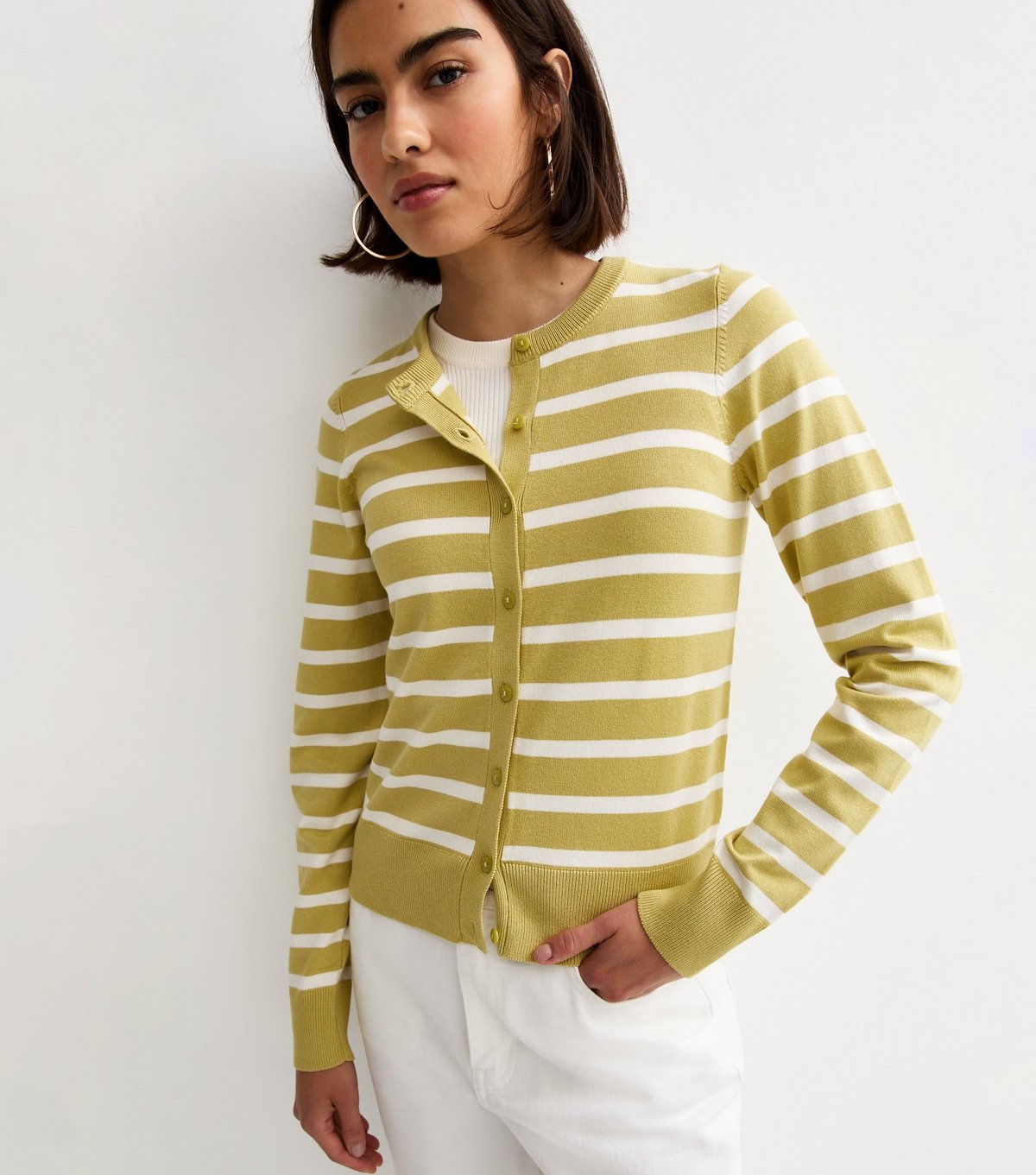New Look Women's Green Lightweight Striped Crew Neck Cardigan New Look - 2