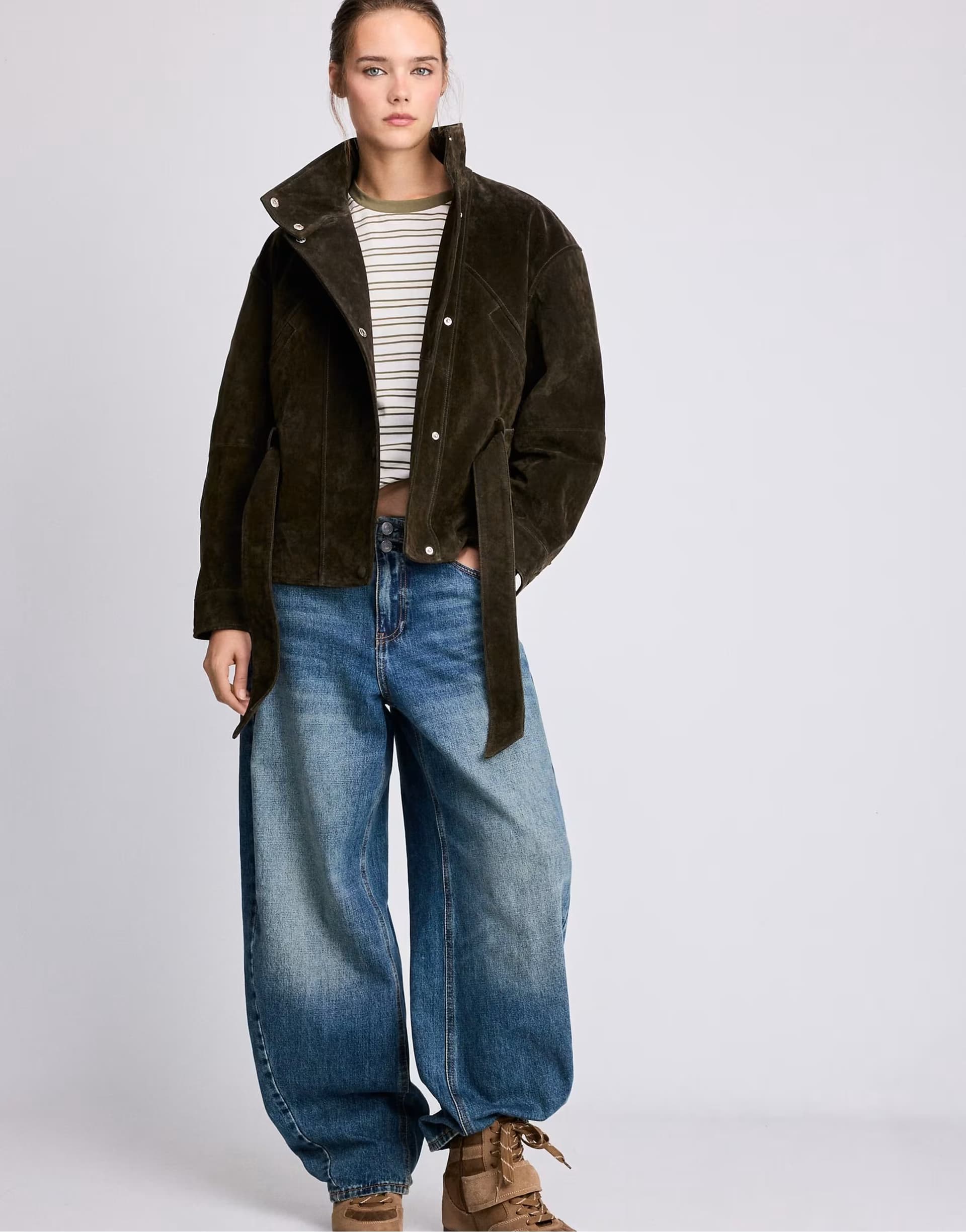 ASOS Stradivarius 100% leather high neck trench coat with belt in olive