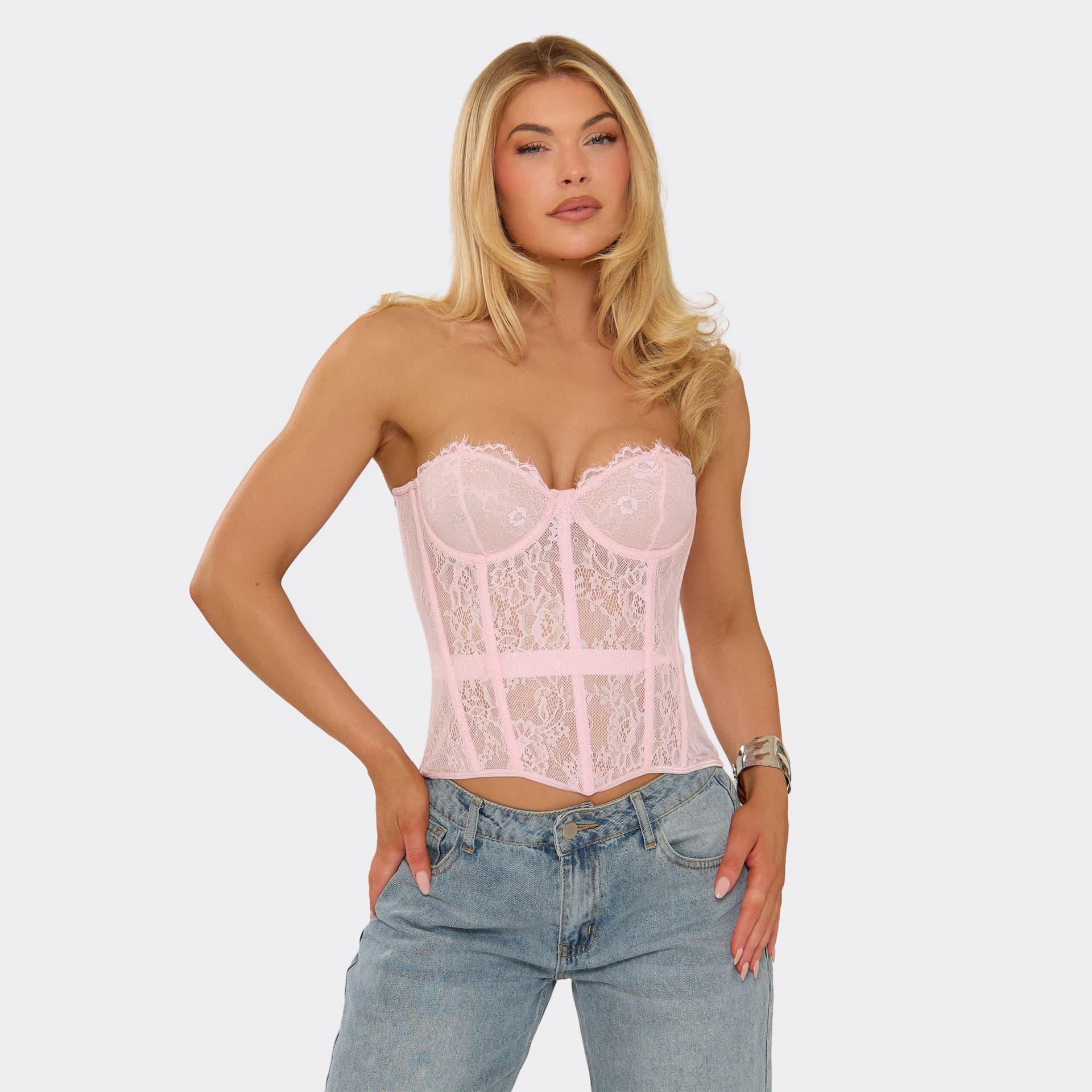EGO Bandeau Structured Tie Back Detail Corset Top In Baby Pink Lace, Women's Size UK 6