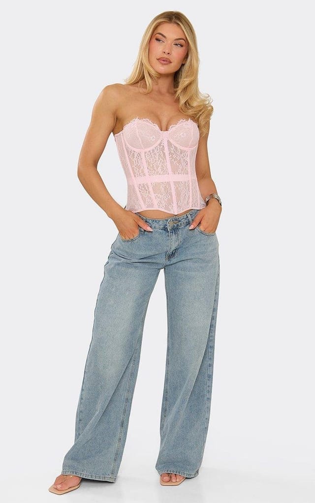 EGO Bandeau Structured Tie Back Detail Corset Top In Baby Pink Lace, Women's Size UK 6 - 2