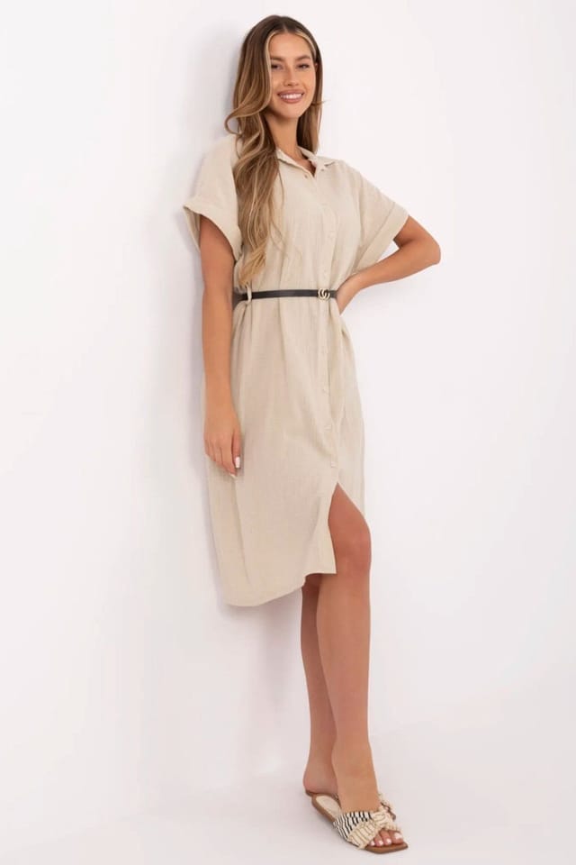Love Lace Love Lace Women's Classic Cotton Muslin Shirt Dress with Belt Style 213237 in Beige - 2