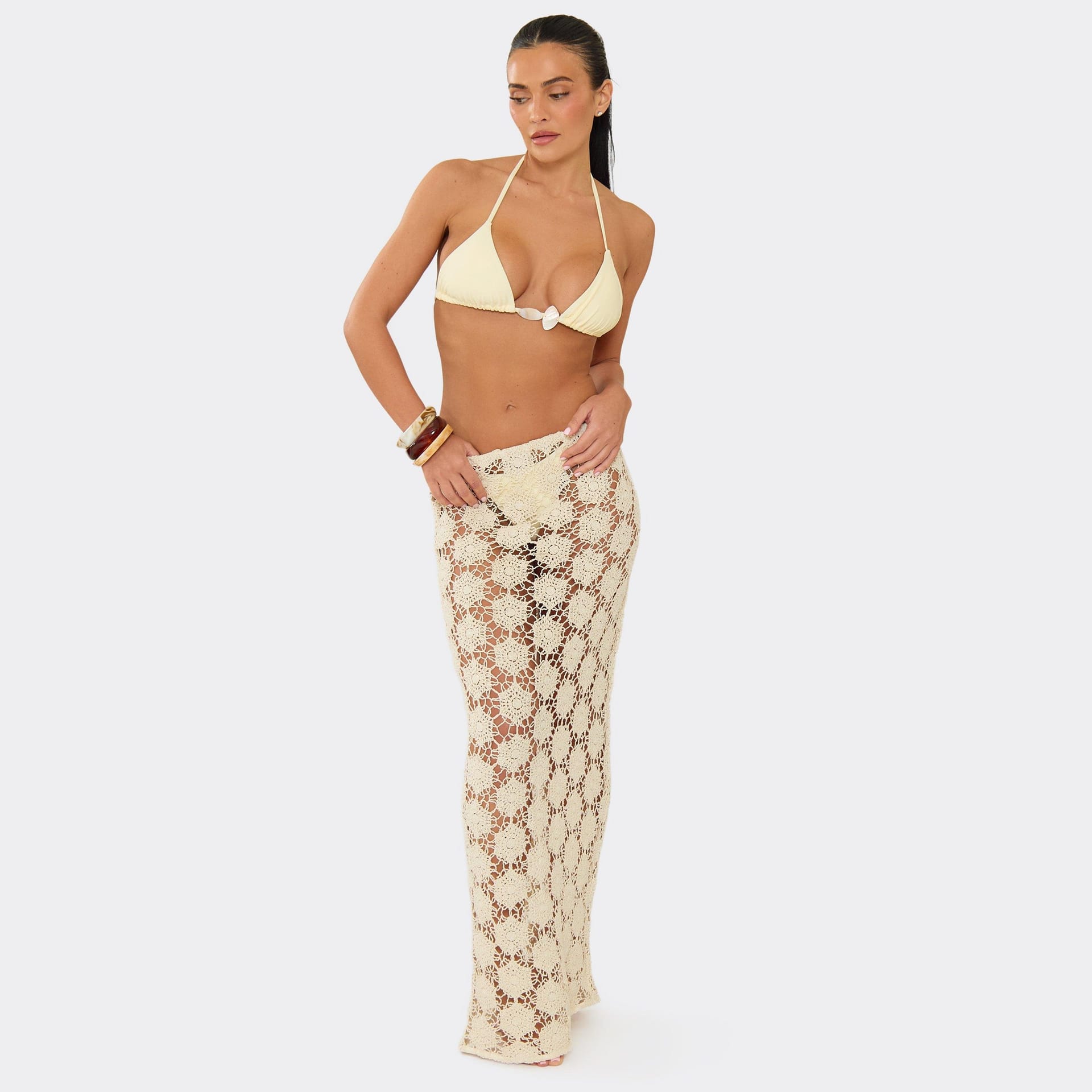 EGO Cream Crochet Low Waist Maxi Skirt, Women's Size UK L