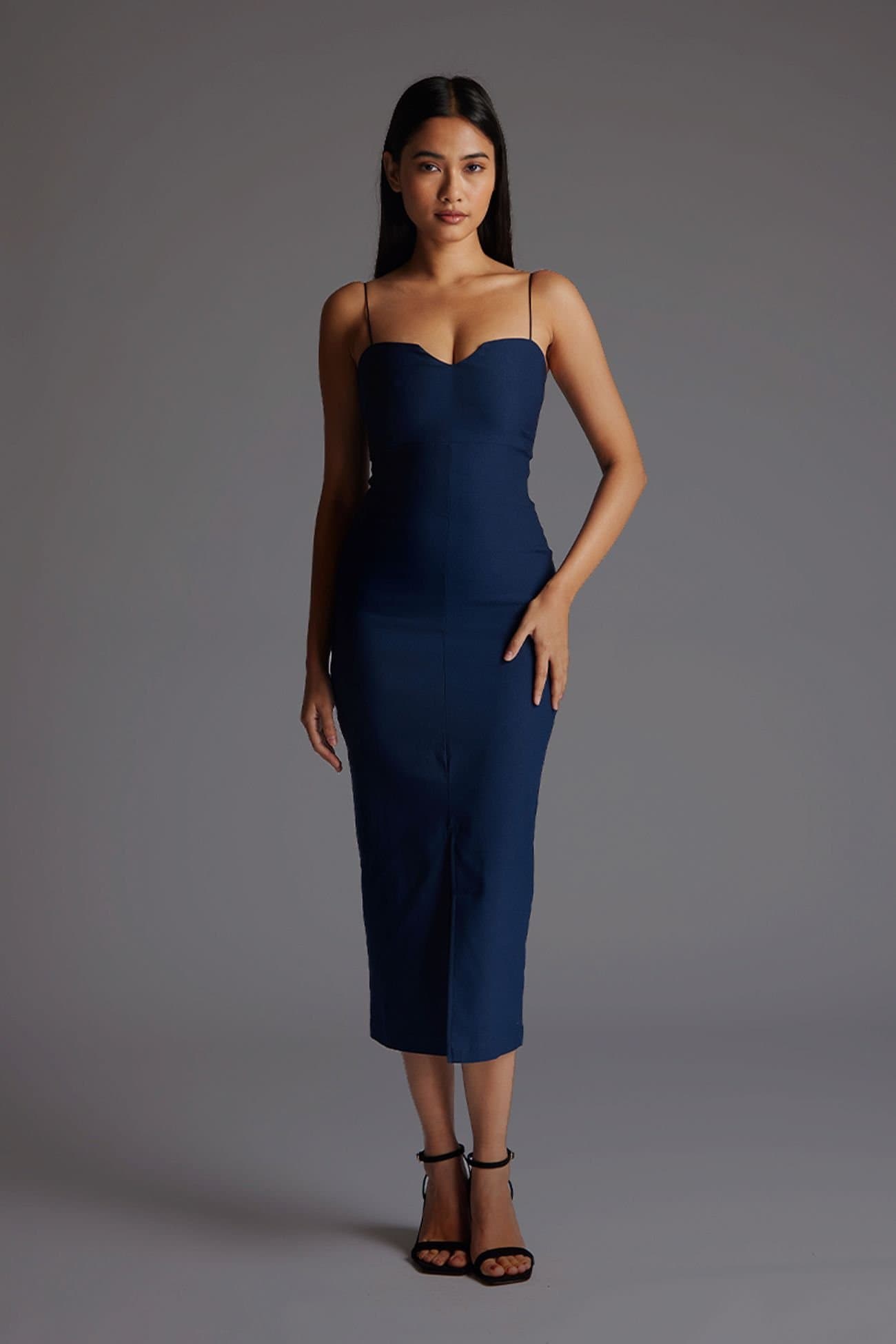 Vesper Vesper Women's Sweetheart Neckline Strappy Bodycon Midaxi Dress In Navy