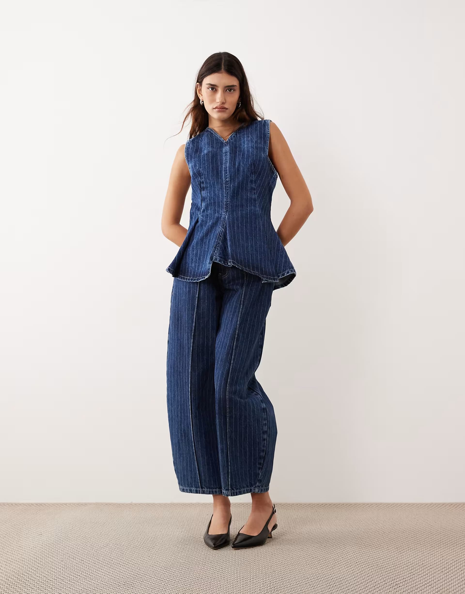 ASOS ARRANGE stitch stripe denim pleated v neck top and front seam detail jean co-ord in washed blue stripe