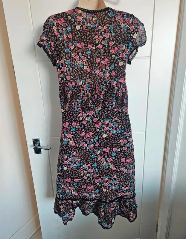 KOOKAÏ Kookai black floral cap short sleeve vintage dress 12 ditsy lace trim embroidered y2k