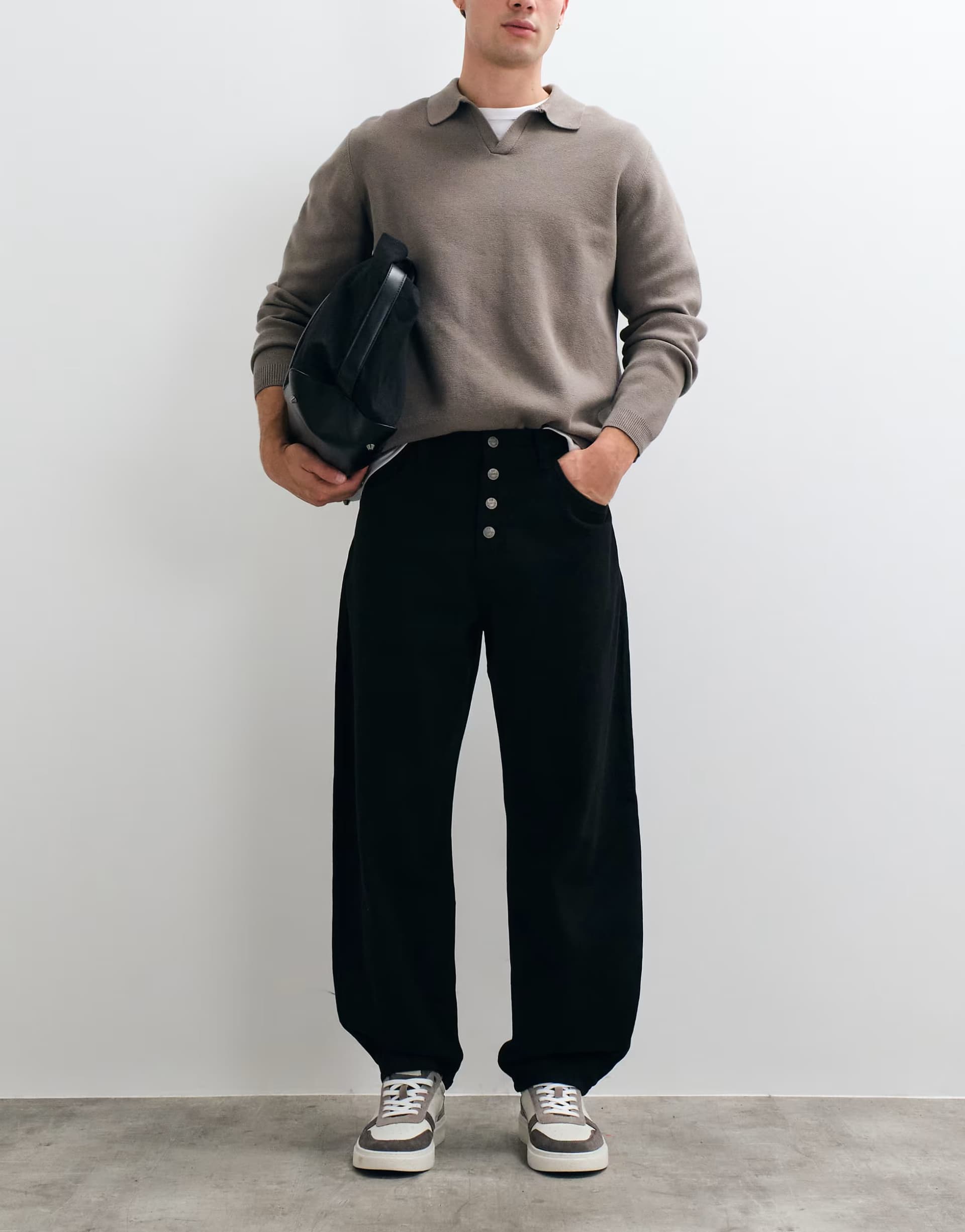 ASOS ASOS DESIGN relaxed barrel trouser with exposed buttons in black