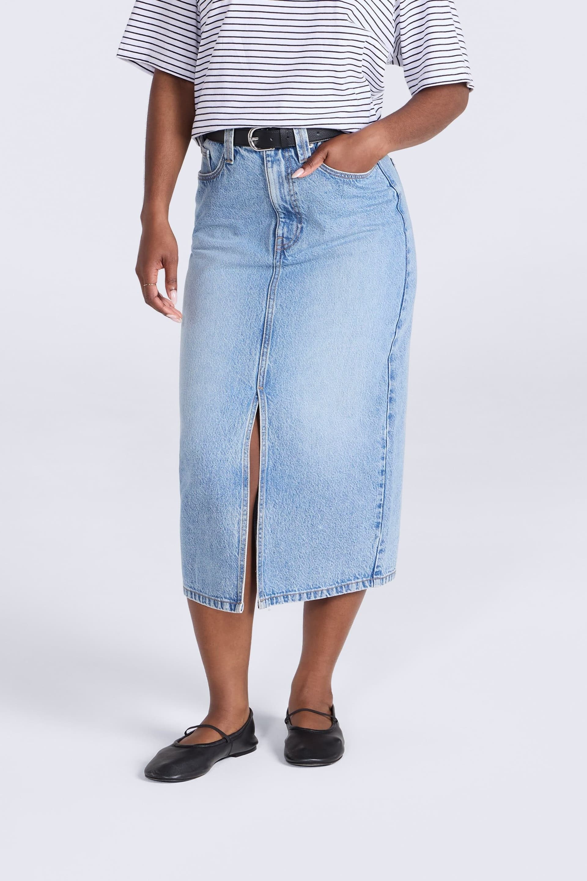 Animal Animal Women's 'Denim' Soft Cotton Casual Multi-Pocket Button Front Split Midi Skirt in Blue