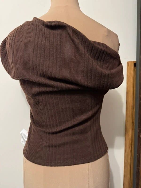 ASOS Design chocolate brown fallen shoulder asymmetrical super soft ribbed top blouse size 10