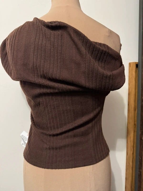 ASOS Design chocolate brown fallen shoulder asymmetrical super soft ribbed top blouse size 10 - 1