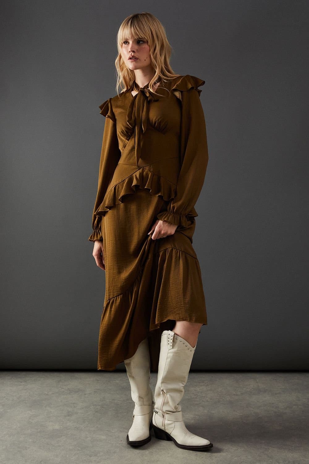 Warehouse Warehouse Women's Satin Tie Neck Ruffle Midi Dress in Olive