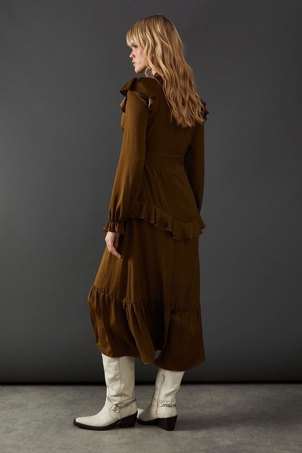 Warehouse Warehouse Women's Satin Tie Neck Ruffle Midi Dress in Olive - 3