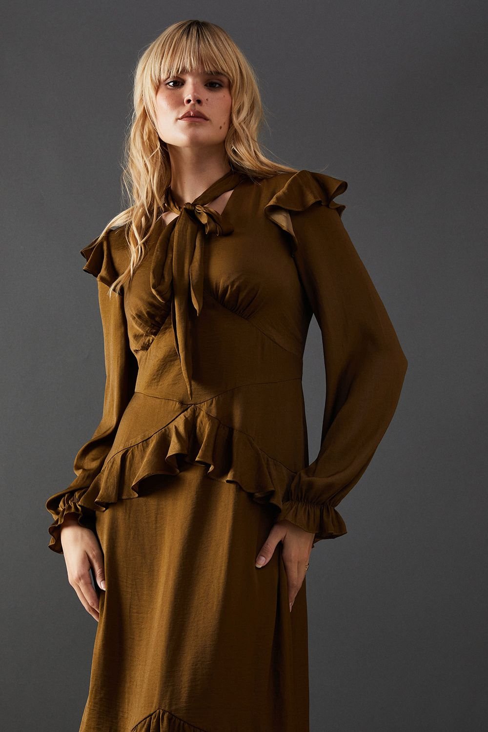 Warehouse Warehouse Women's Satin Tie Neck Ruffle Midi Dress in Olive - 4