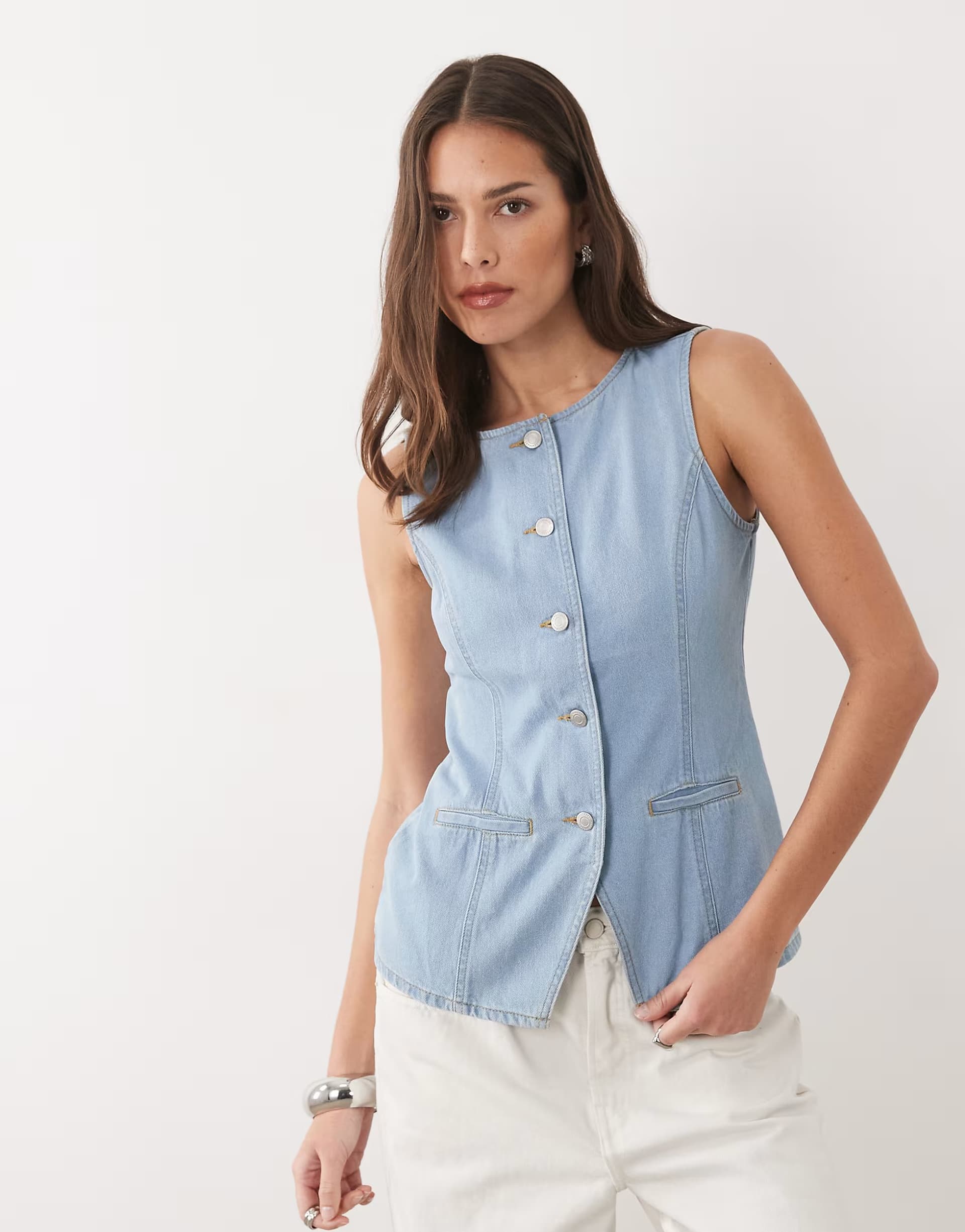 ASOS Threadbare crew neck denim waistcoat in light wash blue