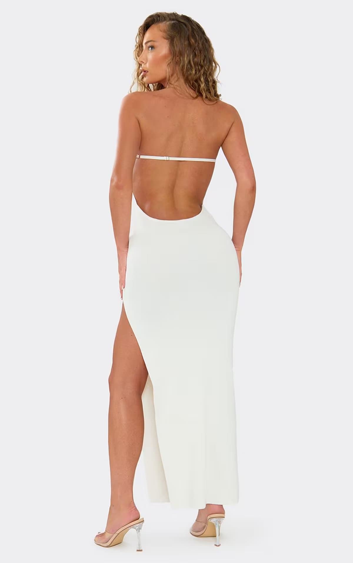 EGO Bandeau Open Back Side Split Maxi Dress In White, Women's Size UK S