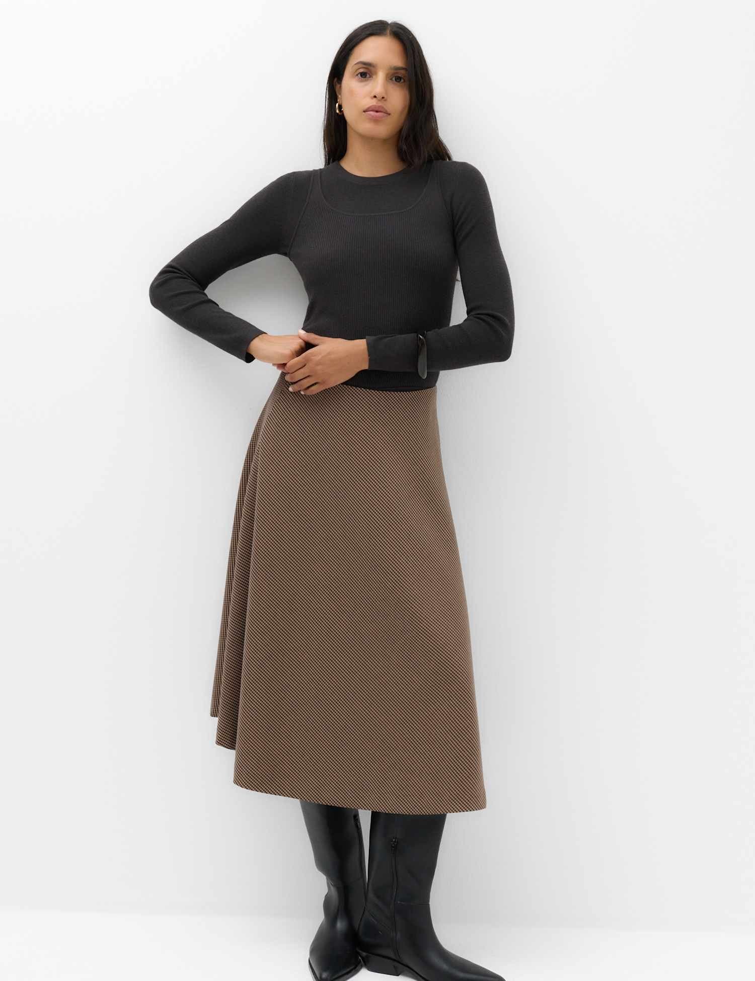 Marks & Spencer M&S Checked Midi Circle Skirt Brown Mix