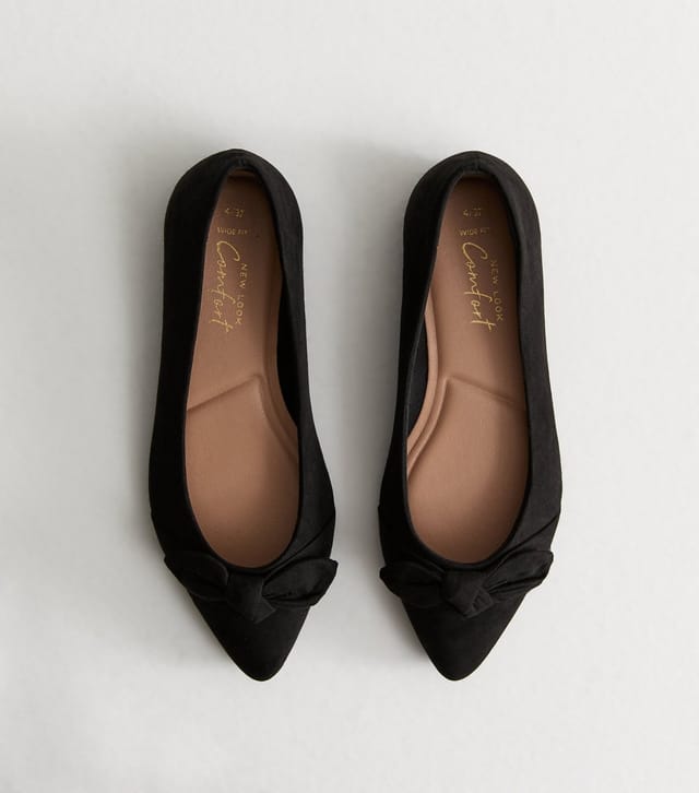 New Look Women's Wide Fit Black Suedette Bow Trim Ballet Flats Vegan New Look - 2