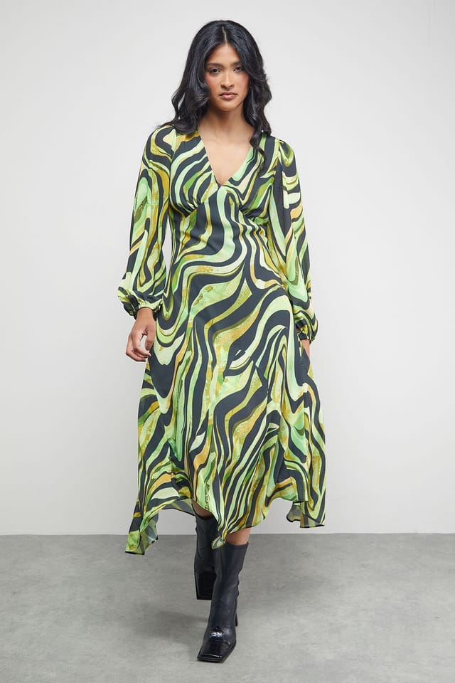 Warehouse Warehouse Women's Tony Chiffon Plunge Neck Asymmetric Hem Midi Dress in Zebra - 2