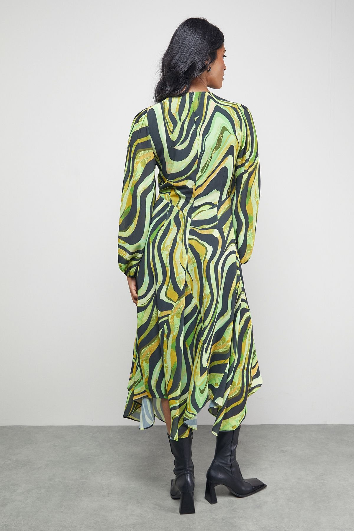 Warehouse Warehouse Women's Tony Chiffon Plunge Neck Asymmetric Hem Midi Dress in Zebra - 4