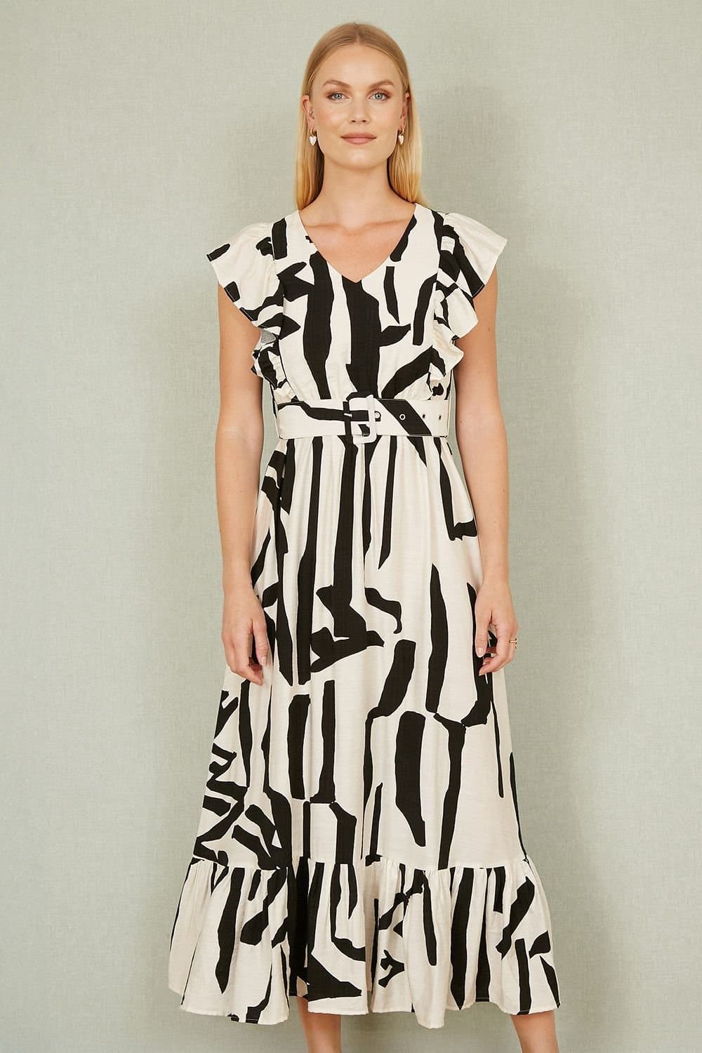 Yumi Yumi Women's Ivory Abstract Print Viscose Midi Dress With Matching Belt in Beige