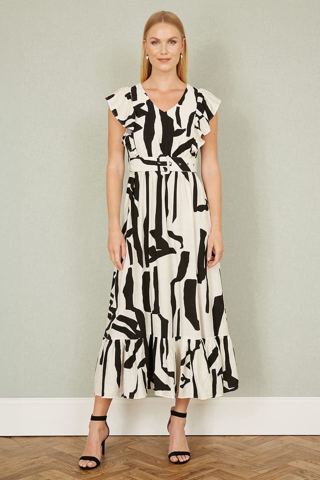 Yumi Yumi Women's Ivory Abstract Print Viscose Midi Dress With Matching Belt in Beige - 2