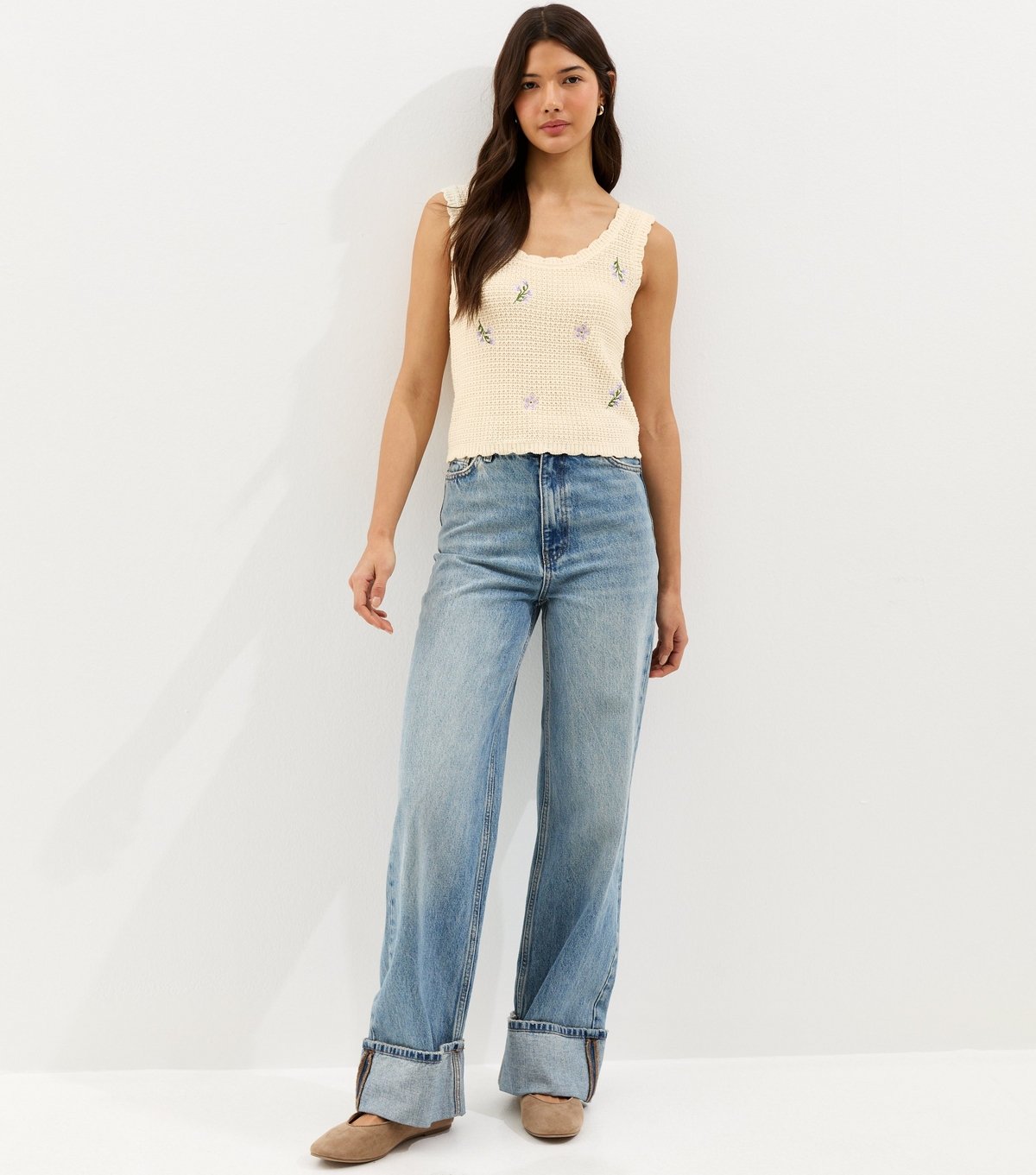 New Look Women's Cream Cotton Rich Embroidered Flower Knit Vest New Look - 3